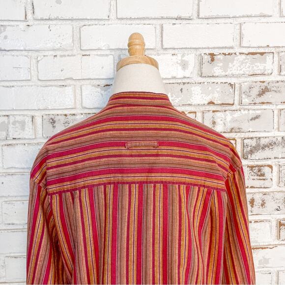 Vintage 90s Liz Wear Petite Red Metallic Gold Multi Stripe Linen Long Sleeve Top - Picture 9 of 11